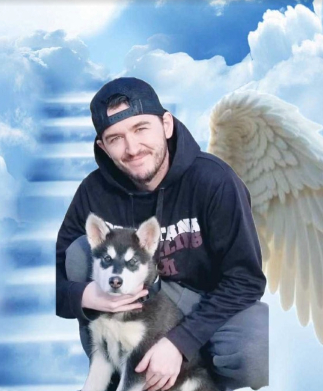 Aaron with his husky puppy, angel wings and clouds behind him